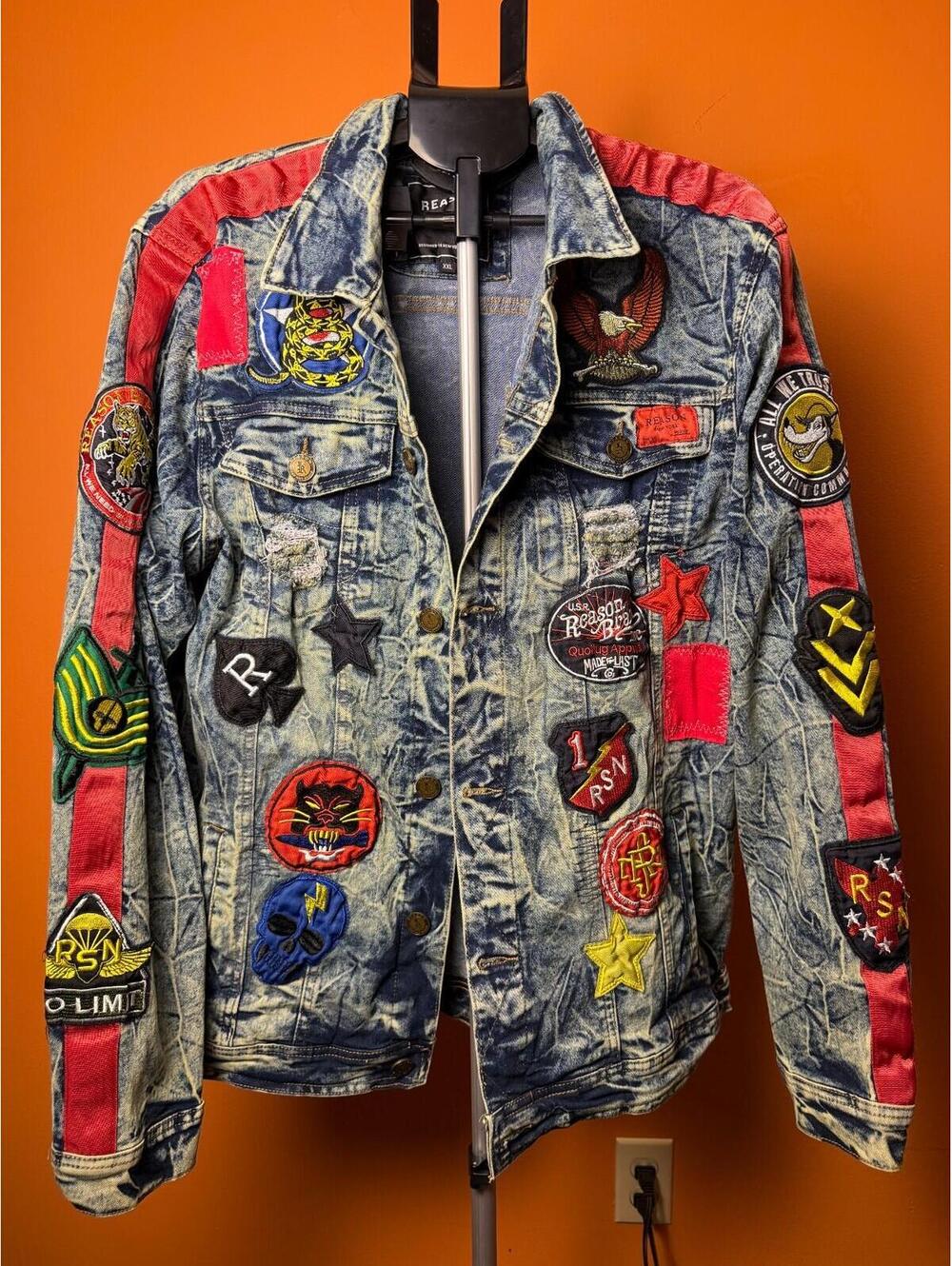 Reason rare limited edition mens 2XL XXL embroidered patches denim jacket